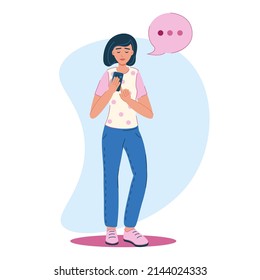 Short Haired Young Woman Typing Contact Dial Number to Make a Phone Call. Female Character Flat Vector Cartoon Design. Hand Tapping numeral Button in Smartphone. Telecommunication Technology Concept.