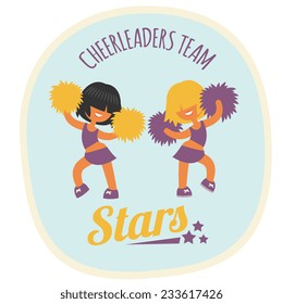 Short hairstyle, smiling beautiful sporty teenager cheerleader girls team, dancing with poms. Without outline cartoon character, simplicity flat style vector illustration. 