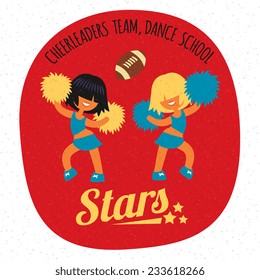 Short hairstyle, smiling beautiful sporty teenager cheerleader girls team, dancing with poms. Without outline cartoon character, simplicity flat style vector illustration. 