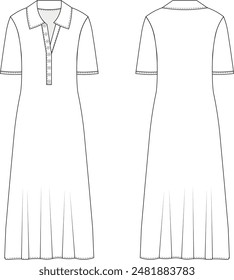 short half sleeve midi maxi long flared a line polo dress template technical drawing flat sketch cad mockup fashion woman