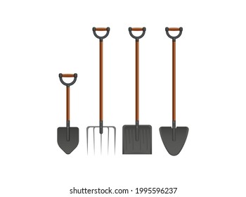 Short Handle Shovel and Spade is a three color illustration. Wooden handle and fiberglass handle included. Realistic style.