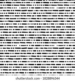 Kurze horizontale Linien, handgezeichnet nahtlos Muster. Schwarz-Weiß, einfache Vektorgrafik, gepunktete Linien, Hintergrund. Abstrakte Abstriche und lange Streifen. Abstraktes Verpackungspapier, monochrome Textilkonstruktion.