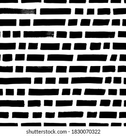 Short horizontal lines hand drawn seamless pattern. Black and white simple vector dotted lines background. Abstract dashes and long stripes. Abstract wrapping paper, textile monochrome design.