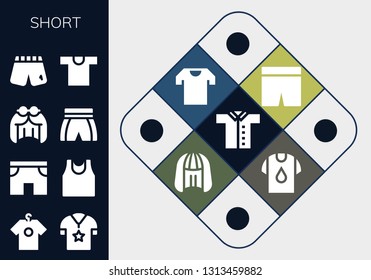 short icon set. 13 filled short icons.  Simple modern icons about  - Shirt, Shorts, Sport shirt, Wig