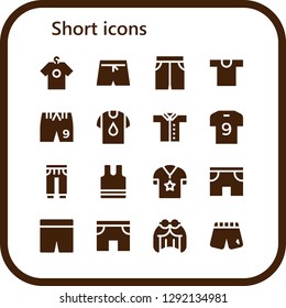  short icon set. 16 filled short icons. Simple modern icons about  - Shirt, Swim shorts, Short, Shorts, Soccer jersey, Sweatpants, Sleeveless, Wig