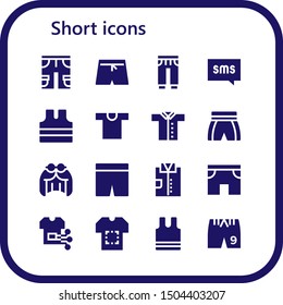 short icon set. 16 filled short icons.  Collection Of - Shorts, Swim shorts, Sweatpants, Sms, Sleeveless shirt, Shirt, Wig, Sleeveless