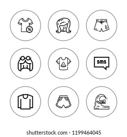 Short icon set. collection of 9 outline short icons with bodyboard, shorts, sms, shirt icons. editable icons.
