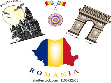 Short illustration about Romania: tourist attractions, tradition and flag.
