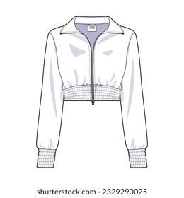 Short jacket front view fashion flat sketch for Tech Pack. Zipper top, CAD drawing, black and white, vector graphics for garment production apparel brand, womenswear, clothes for active sport and run