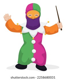 Short kid disguised like Monocuco character with colorful clothes, rod and mask for the Barranquilla's Carnival. Design in cartoon style and isolated.