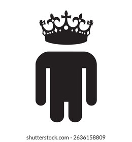 Short king as metaphor for man and male with short height. Symbol sign and pictogram with human body and crown. Vector illustration isolated on white.