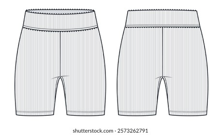 Short Leggings fashion flat technical drawing template. Cycling Shorts technical fashion illustration, ribbed, mid rise, front and back view, white, women, men, unisex Sport Shorts CAD mockup.