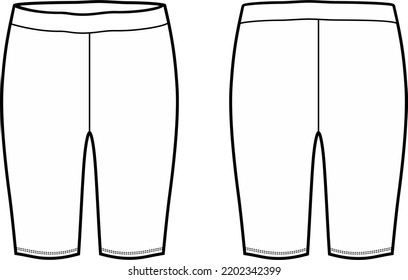 Short leggings flat sketch. Cycling shorts apparel design. Front and back. Women CAD mockup. Fashion technical drawing template. Vector illustration.