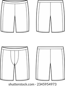 Short leggings flat sketch. Cycling shorts apparel design. Front and back. Men and women CAD mockup. Technical drawing template. Vector illustration.