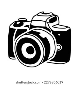 logotipo de cámara de lente corta, icono del vector de arte de línea blanca negra
