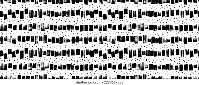 Short lines and small dots seamless pattern. Brush drawn simple geometric seamless banner. Vector stripes in doodle style. Abstract background with bold brush strokes. Regular lines with speckles