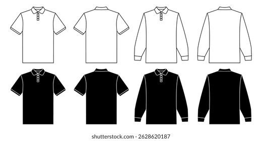 Short and long sleeve polo shirts. Front and back view of the shirt