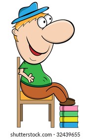 Short man cartoon character sitting on a chair with his feet on a pile of books. Raster also available.