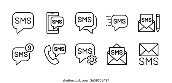 Conjunto de iconos de servicio de mensajes cortos. Contiene escribir mensaje de texto en la burbuja de voz, chat, enviar, bandeja de entrada, Configuraciones, leer. Teléfono móvil, celular, celular, smartphone. Ilustración vectorial
