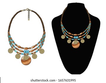 Short Necklace Made Of Natural Stones With Pendants. Vector