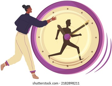 Short on time before deadline. Businessman running fast in front of clock. Business urgency concept. Office worker trying to keep up with schedule and plan. Time pressure, competition, hurrying man