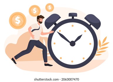 Short on time. Man trying to catch up faster, financial losses, stress. Character missed deadline. Businessman quickly runs to clock. Cartoon flat vector illustration isolated on white background