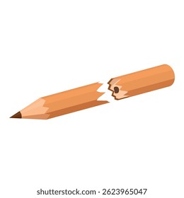 Short orange pencil broken in two pieces, isolated on white background, representing frustration and creativity block