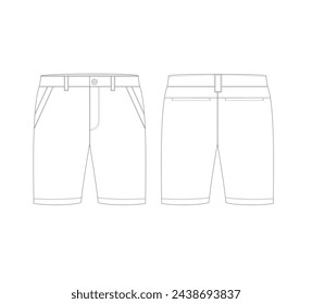 Dibujo técnico de pantalones cortos. Pantalones cortos casuales lisos de los hombres con el cierre del botón de la moda del boceto plano ilustración vectorial.