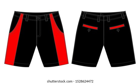 Short Pants Black-Red Design Vector.Front And Back View.