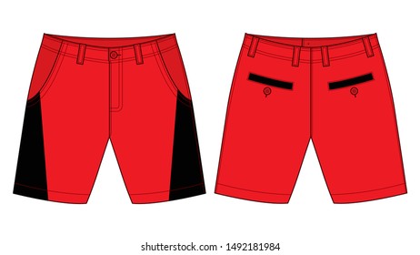 Short Pants Black-Red Trim Style Design Vector.Front And Back View.