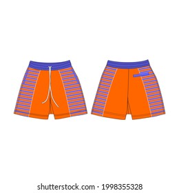 Plantilla de diseño de pantalones cortos, colores púrpura y rojo, vista frontal y trasera, uso comercial