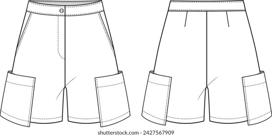 Women’s Short pants, Fashion Flat Sketch Vector Illustration, CAD, Technical Drawing, Flat Drawing, Template, Mockup.