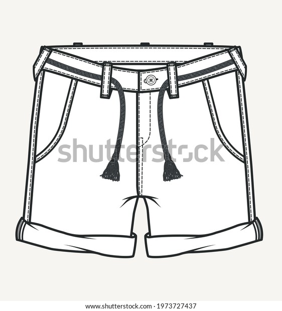 Short pants flat sketch. Technical drawing\
of shorts for girls. Short pants\
vector