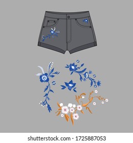 Pantalones cortos, plantilla de esbozo plano, vector, plantilla de prendas de vestir. Esbozo técnico de pantalones cortos. Jeans Shorts con bordado. diseño de diseño de bordado en plantilla de shorts.
