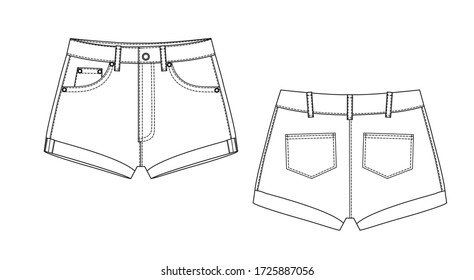 Short Pants, Flat Sketch Template, vector, apparel template. Technical sketch of shorts.
