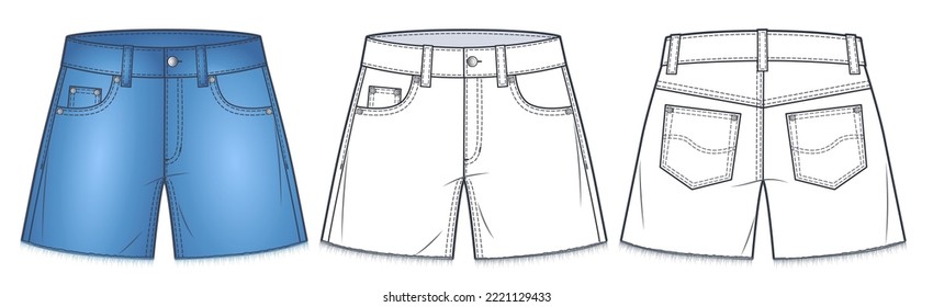 Short Pants mit rohen technischen Modegrafiken, blaues Design. Denim Stil Shorts Mode flach Zeichnung Vorlage, Front-und Rückansicht, weiß, Frauen, Männer, unisex CAD-Modell nach oben.