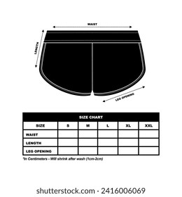 Short Pants Size Chart, sweat Shorts fashion flat template, Sportswear unisex chart size