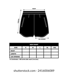 Short Pants Size Chart, Sweats Shorts Mode flache Vorlage, Sportswear unisex Chart-Größe