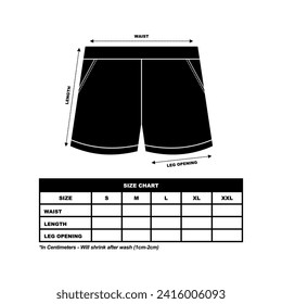 Short Pants Size Chart, sweat Shorts fashion flat template, Sportswear unisex chart size
