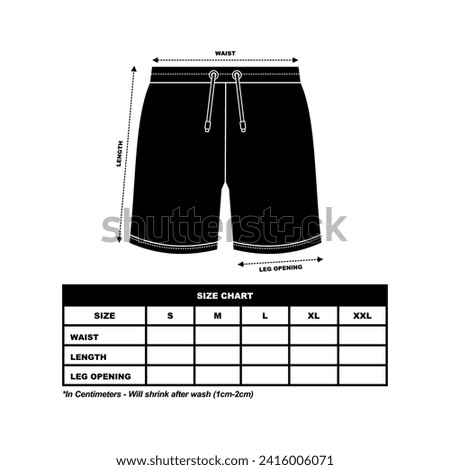 Short Pants Size Chart, sweat Shorts fashion flat template, Sportswear unisex chart size