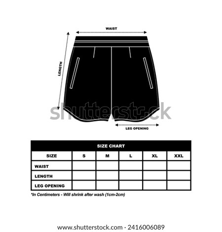 Short Pants Size Chart, sweat Shorts fashion flat template, Sportswear unisex chart size
