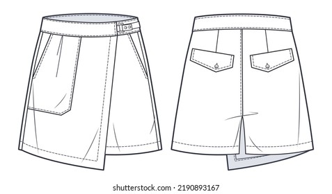 Short Pants, Skirt technical fashion illustration. High Waisted  Shorts, Skirt fashion flat sketch template, front, back view, white, women, CAD mockup.