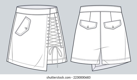 Short Pants, Skirt technical fashion illustration. Lace up Shorts, Skirt fashion flat technical drawing template, high waisted, front and back view, white, women CAD mockup.