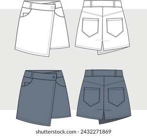 Short Pants skirt technical fashion illustration. Skirt and Shorts fashion flat technical drawing template, front, back view women CAD mockup set.