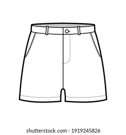 Short pants technical fashion illustration with mid-thigh length, low waist, rise, slashed pocket. Flat bottom apparel template front, white color style. Women, men, unisex CAD mockup