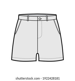 Short pants technical fashion illustration with mid-thigh length, low waist, rise, slashed pocket. Flat bottom apparel template front, grey color style. Women, men, unisex CAD mockup