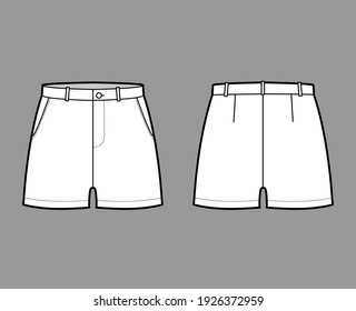 Short pants technical fashion illustration with mid-thigh length, low waist, rise, slashed pocket. Flat bottom apparel template front, back, white color style. Women, men, unisex CAD mockup