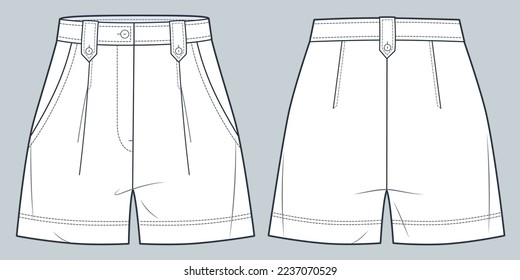 Short Pants technische Modegrafik. High Waisted Shorts Mode flache technische Zeichentabelle, Taschen, Front- und Rückansicht, weiß, Frauen, CAD-Modell nach oben.