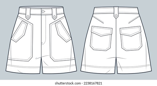 Short Pants technische Modegrafik. Hoch aufgerissene Shorts Modeflaeche technische Zeichnungen, Taschen, Vorder- und Rückansicht, weiß, Frauen, Männer, unisex CAD-Modell.