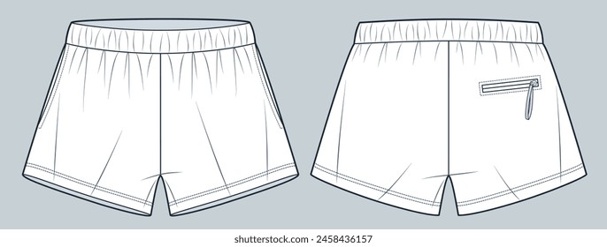 Short Pants technical fashion illustration. Shorts fashion flat technical drawing template, pocket, elastic waist, front and back view, white, women, men, unisex Sportswear CAD mockup.